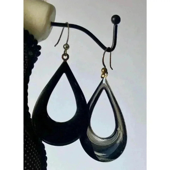 VTG Black Enamel Gold Tone Metal Kitsch Earrings 1980s Oval - Picture 3 of 6